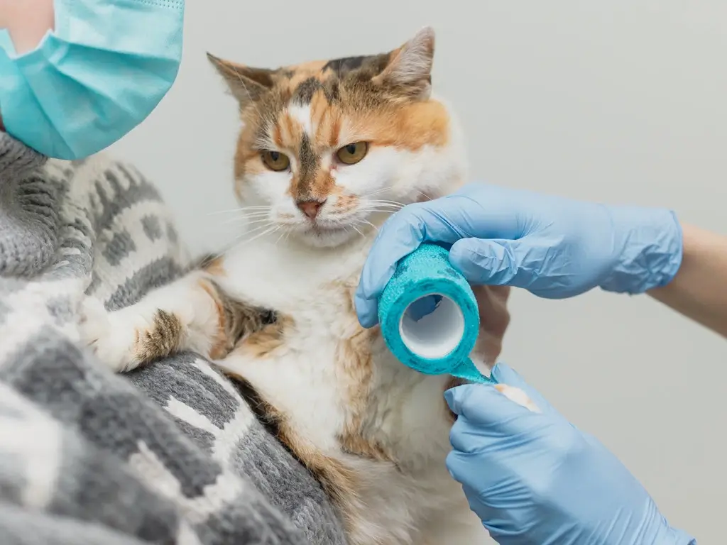 Кошке заклеивают рану лейкопластырем